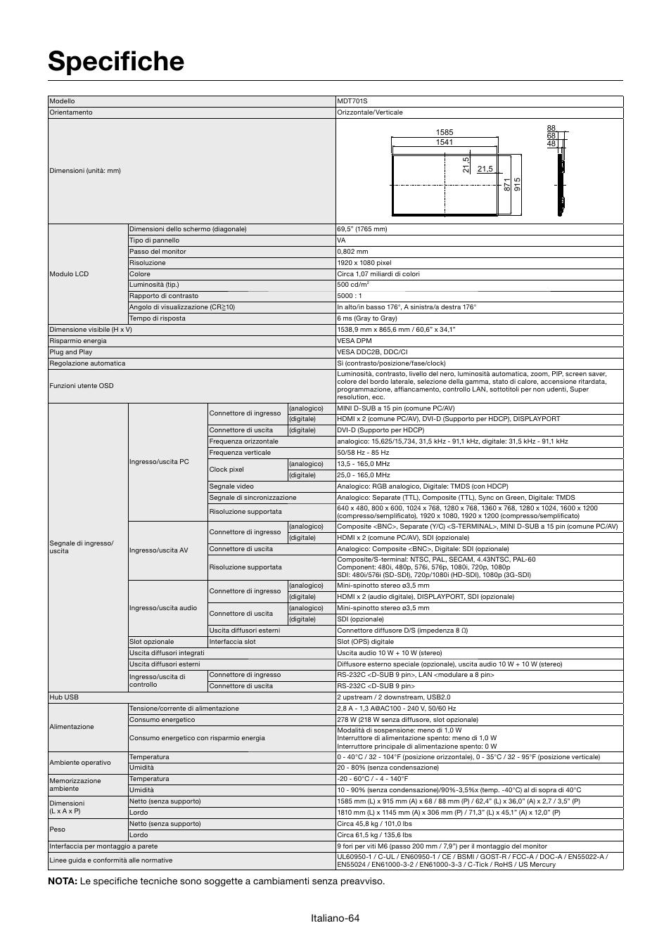 Specifi che, Italiano-64 | MITSUBISHI ELECTRIC MDT701S User Manual | Page 332 / 404