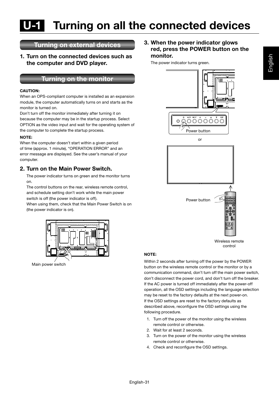 U-1 turning on all the connected devices, Turning on external devices, Turning on the monitor | English, Turn on the main power switch | MITSUBISHI ELECTRIC MDT701S User Manual | Page 35 / 404