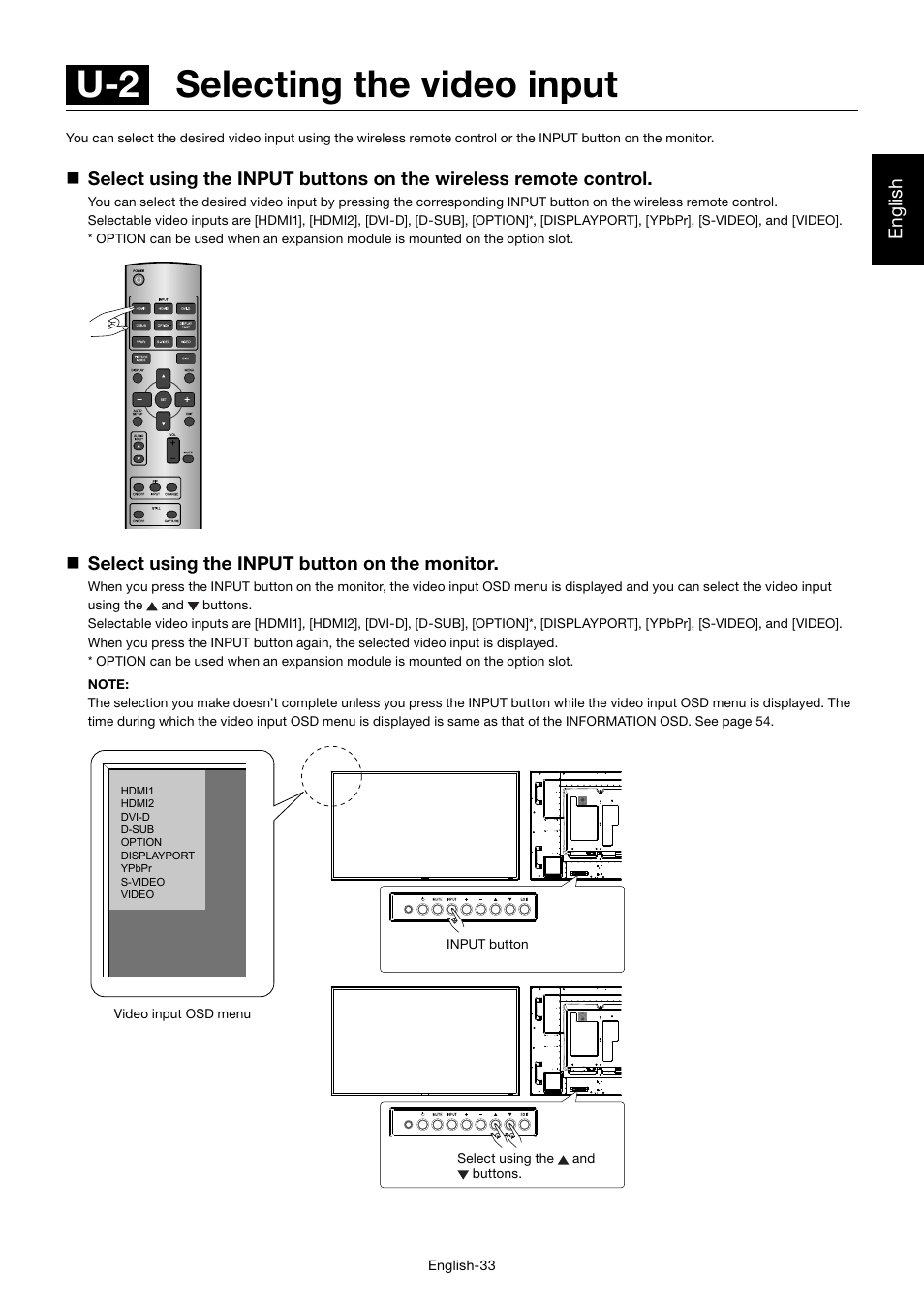 U-2 selecting the video input, English, Select using the input button on the monitor | MITSUBISHI ELECTRIC MDT701S User Manual | Page 37 / 404