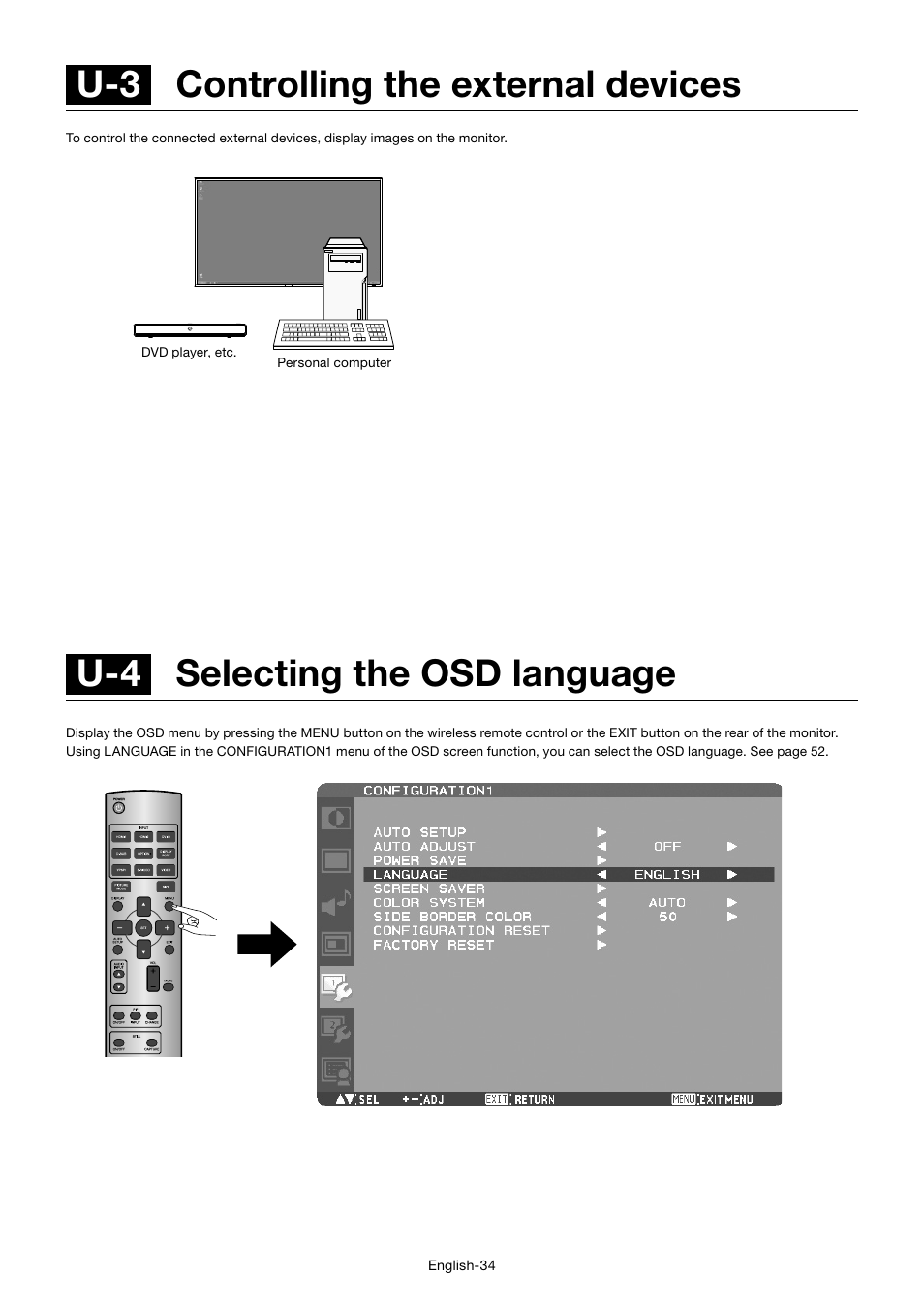 U-4 selecting the osd language, U-3 controlling the external devices | MITSUBISHI ELECTRIC MDT701S User Manual | Page 38 / 404