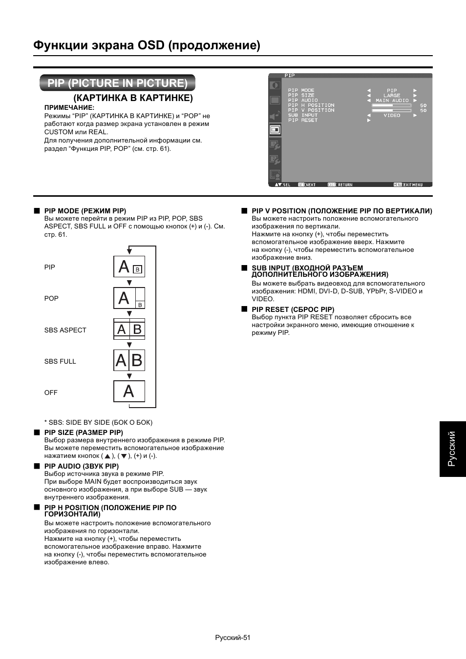 Функции экрана osd (продолжение), Pip (picture in picture) | MITSUBISHI ELECTRIC MDT701S User Manual | Page 385 / 404