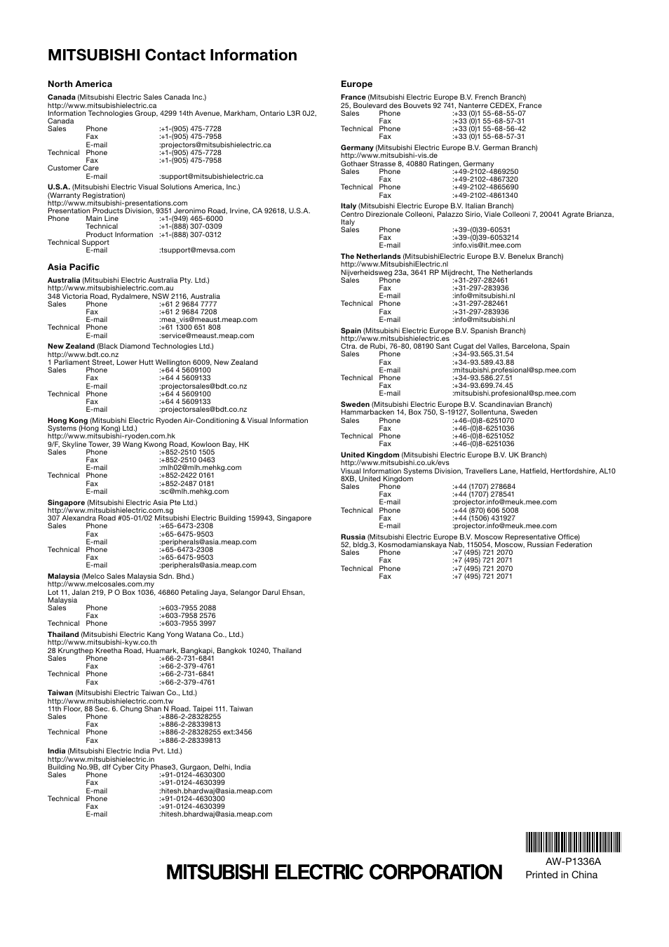 Mitsubishi contact information, Aw-p1336a printed in china | MITSUBISHI ELECTRIC MDT701S User Manual | Page 404 / 404