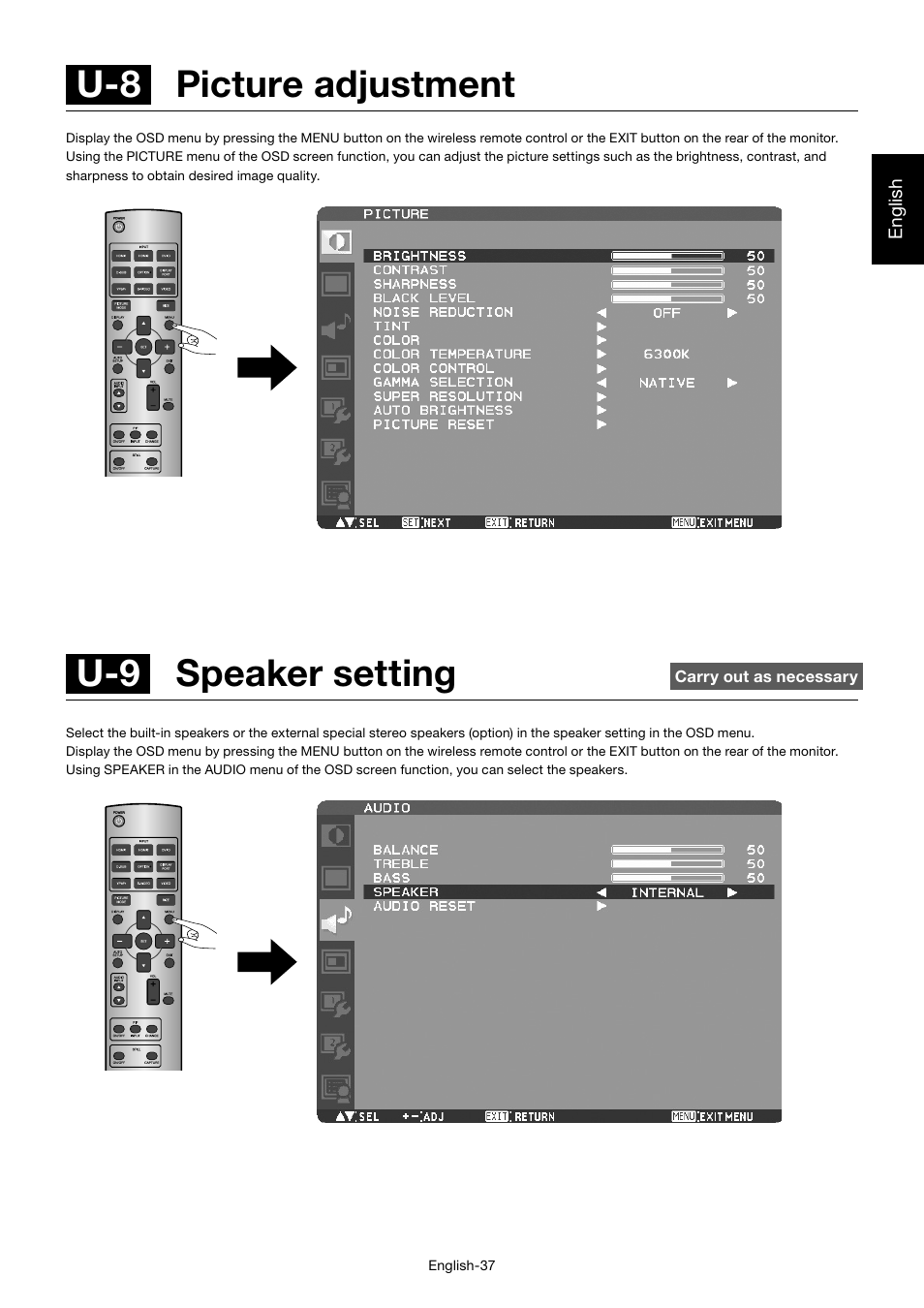 U-9 speaker setting, U-8 picture adjustment | MITSUBISHI ELECTRIC MDT701S User Manual | Page 41 / 404