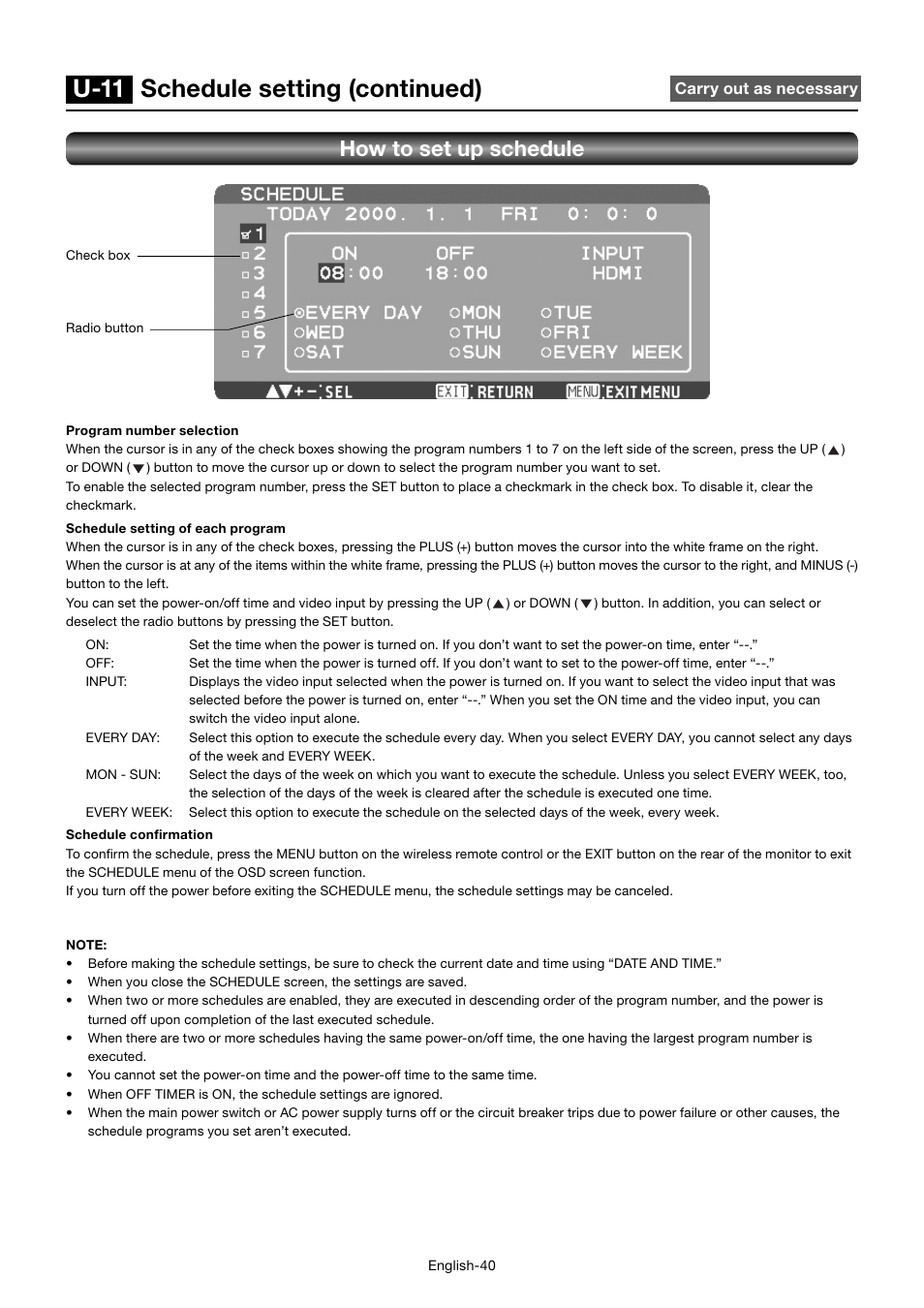 U-11 schedule setting (continued), How to set up schedule | MITSUBISHI ELECTRIC MDT701S User Manual | Page 44 / 404