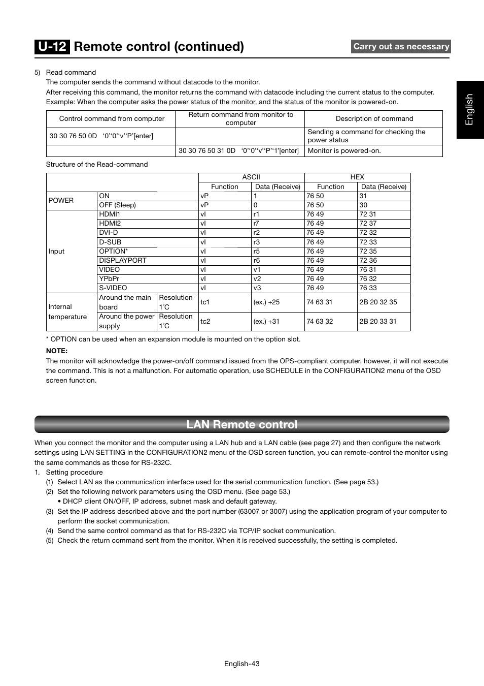 U-12 remote control (continued), Lan remote control, English | MITSUBISHI ELECTRIC MDT701S User Manual | Page 47 / 404