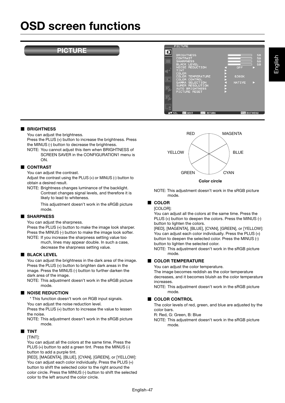 Osd screen functions, Picture, English | MITSUBISHI ELECTRIC MDT701S User Manual | Page 51 / 404