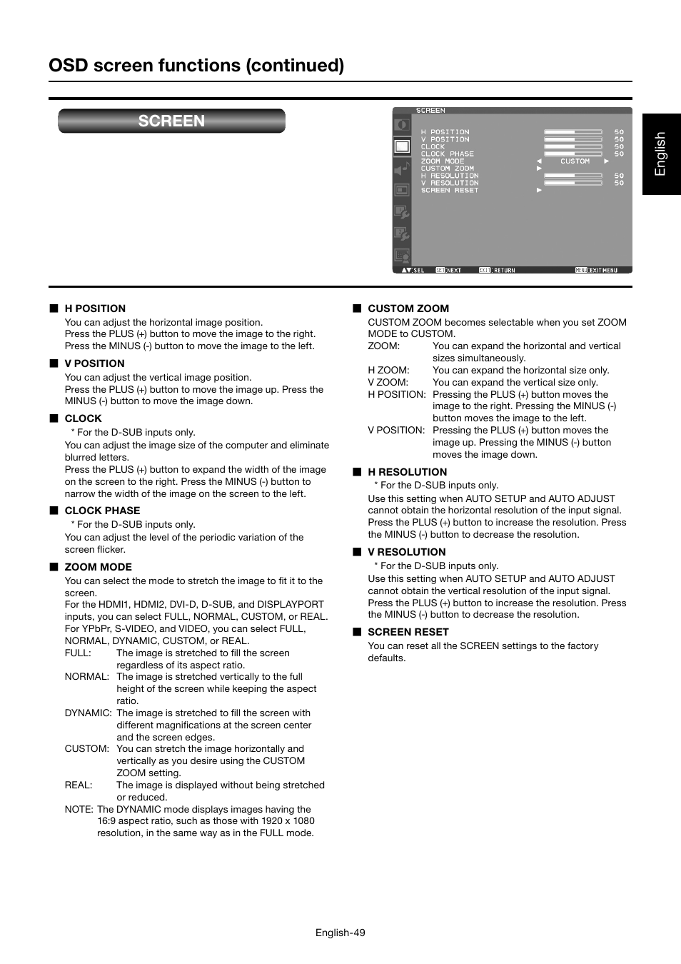 Osd screen functions (continued), Screen, English | MITSUBISHI ELECTRIC MDT701S User Manual | Page 53 / 404