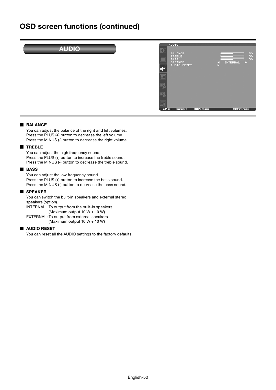 Osd screen functions (continued), Audio | MITSUBISHI ELECTRIC MDT701S User Manual | Page 54 / 404