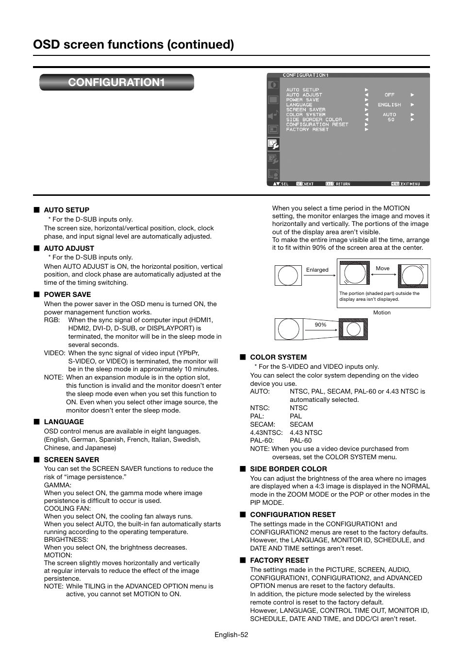 Osd screen functions (continued), Configuration1 | MITSUBISHI ELECTRIC MDT701S User Manual | Page 56 / 404