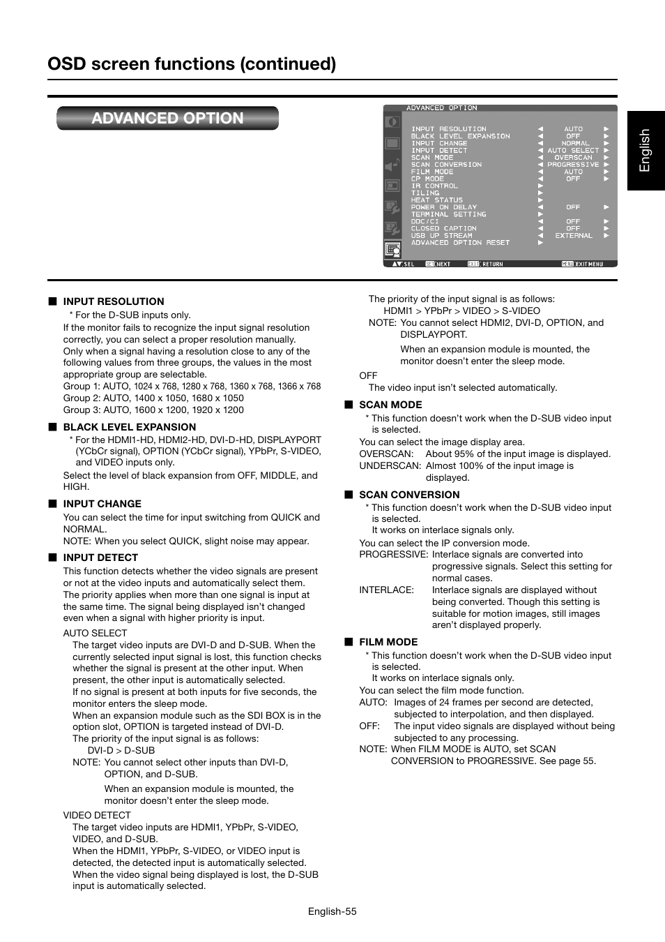 Osd screen functions (continued), Advanced option, English | MITSUBISHI ELECTRIC MDT701S User Manual | Page 59 / 404