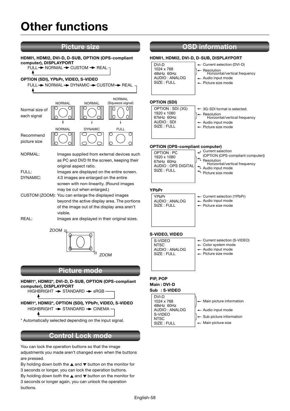 Other functions, Picture size, Picture mode | Control lock mode, Osd information | MITSUBISHI ELECTRIC MDT701S User Manual | Page 62 / 404