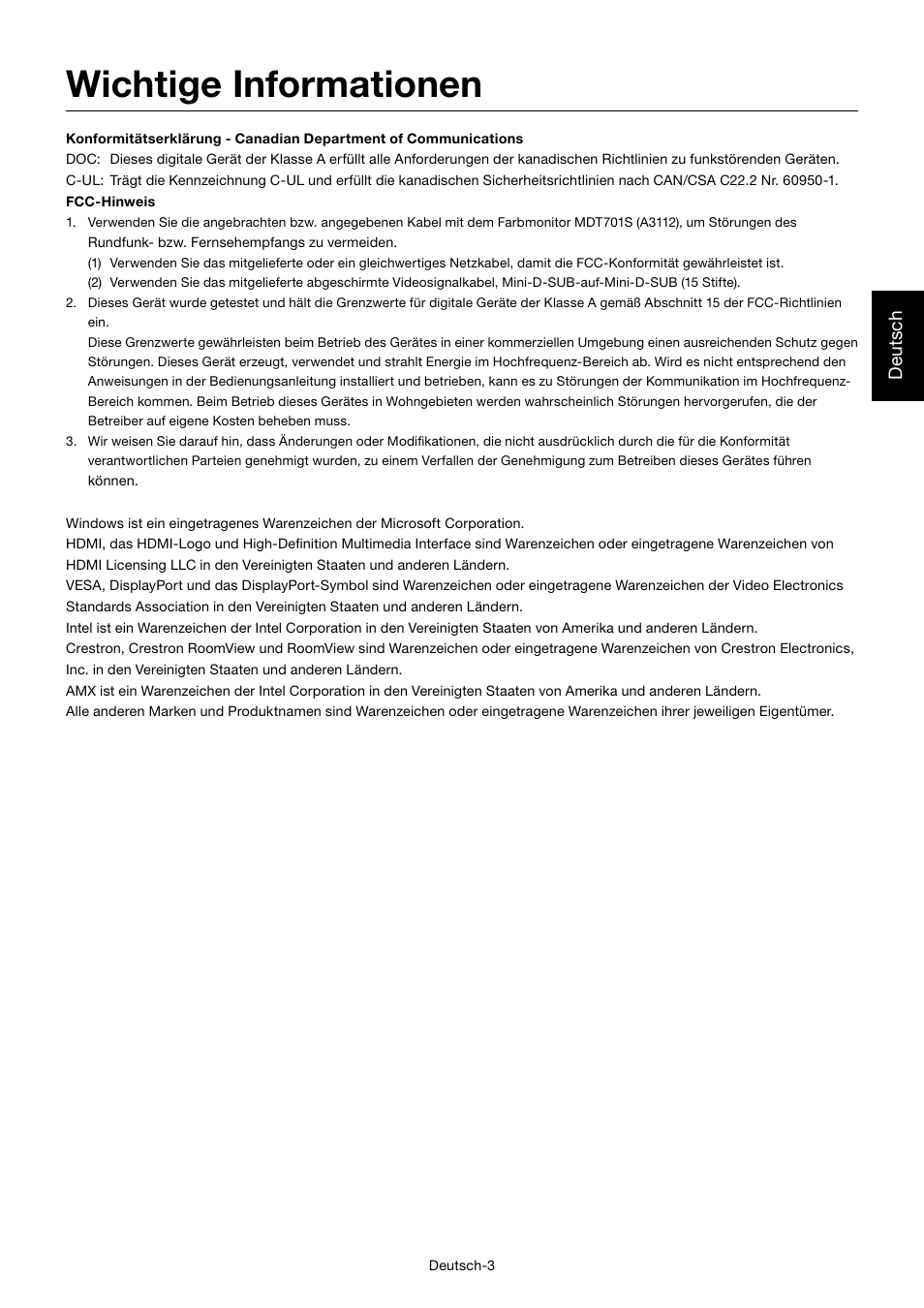 Wichtige informationen, Deutsch | MITSUBISHI ELECTRIC MDT701S User Manual | Page 73 / 404