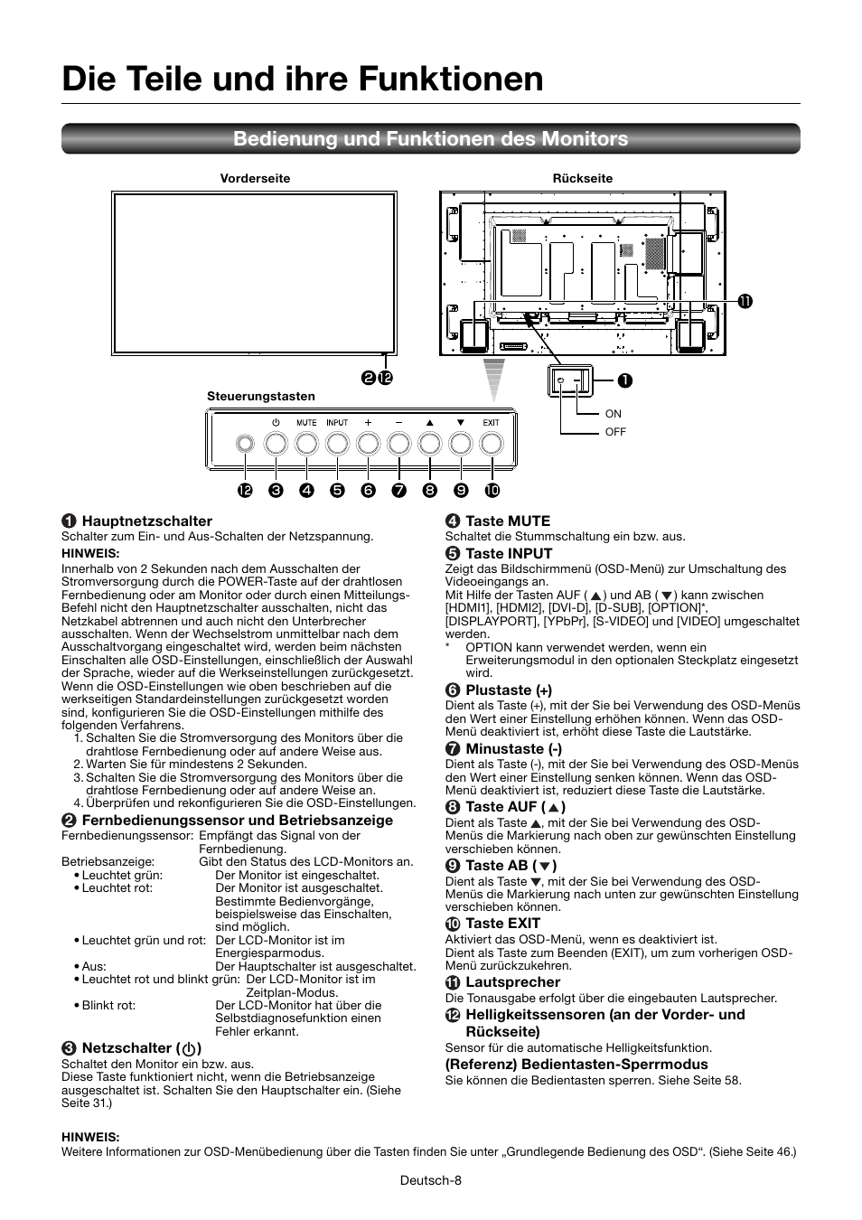 Die teile und ihre funktionen, Bedienung und funktionen des monitors | MITSUBISHI ELECTRIC MDT701S User Manual | Page 78 / 404