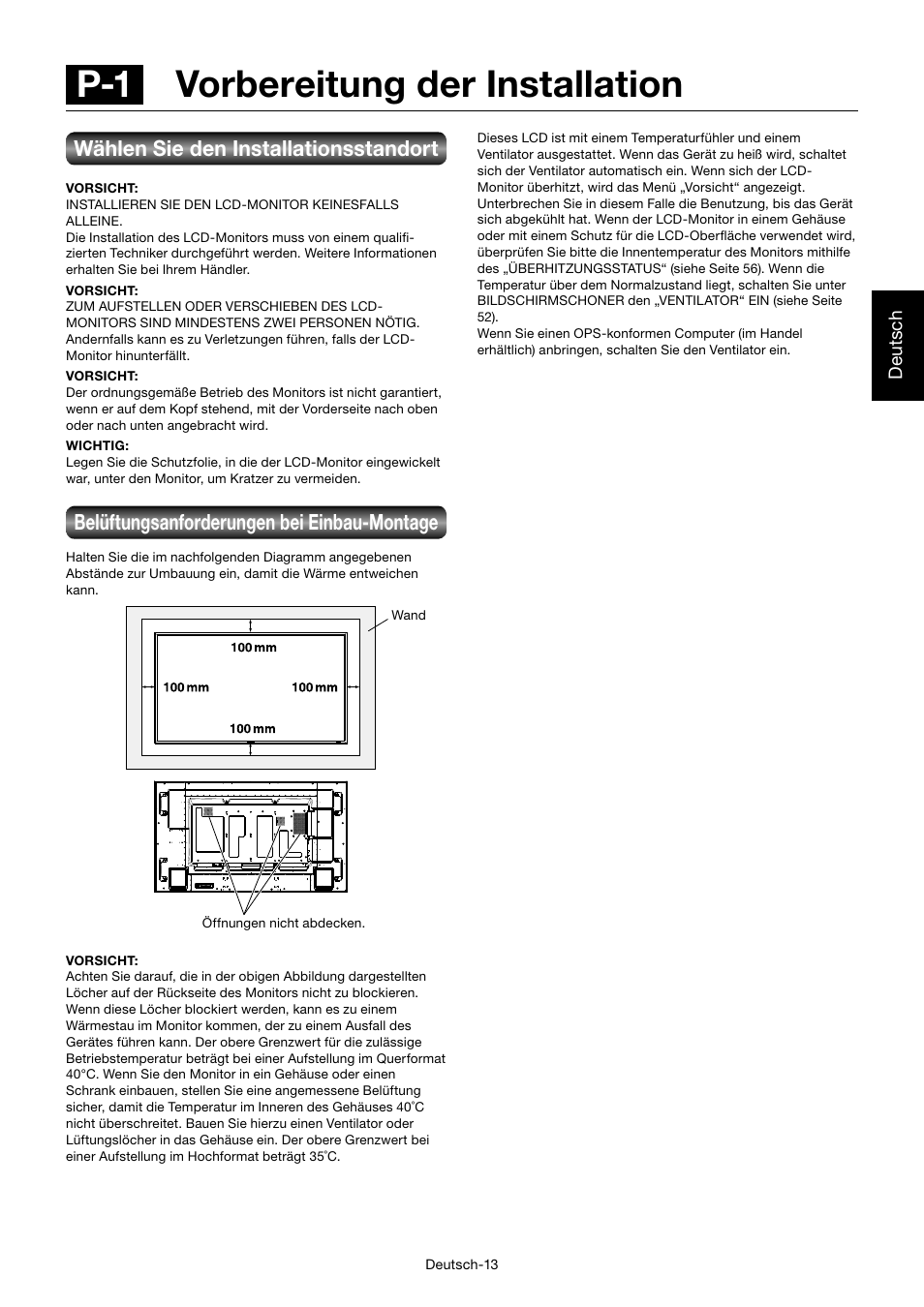 P-1 vorbereitung der installation, Wählen sie den installationsstandort, Belüftungsanforderungen bei einbau-montage | MITSUBISHI ELECTRIC MDT701S User Manual | Page 83 / 404