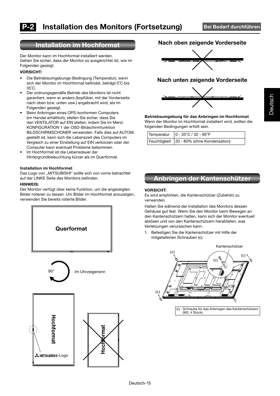 P-2 installation des monitors (fortsetzung), Installation im hochformat, Anbringen der kantenschützer | Deutsch, Ho chf o rmat ho chf o rmat, Querformat | MITSUBISHI ELECTRIC MDT701S User Manual | Page 85 / 404