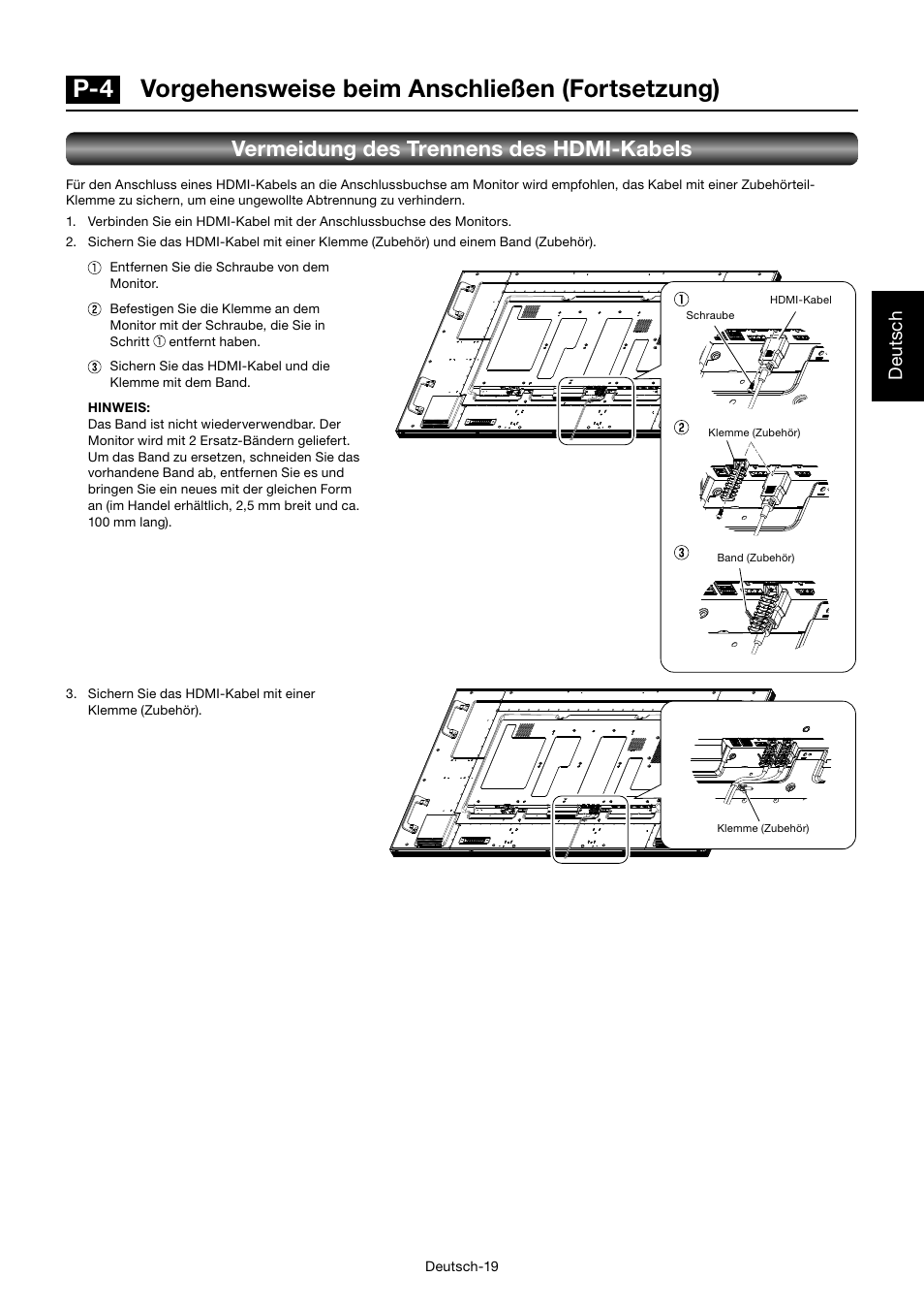 P-4 vorgehensweise beim anschließen (fortsetzung), Vermeidung des trennens des hdmi-kabels, Deutsch | MITSUBISHI ELECTRIC MDT701S User Manual | Page 89 / 404