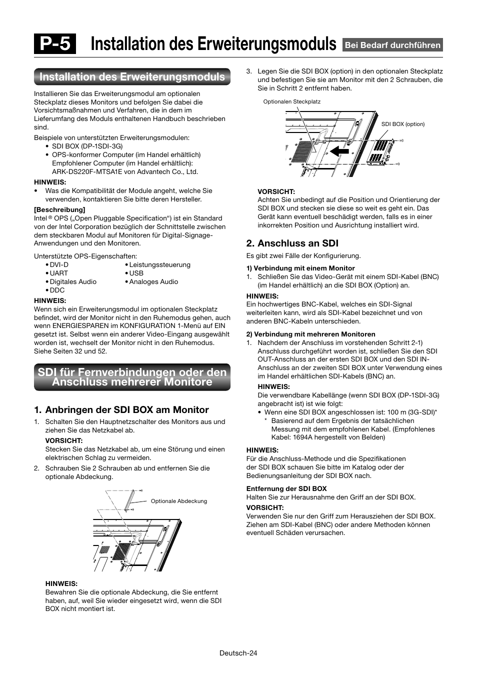 P-5 installation des erweiterungsmoduls, Installation des erweiterungsmoduls, Anbringen der sdi box am monitor | Anschluss an sdi | MITSUBISHI ELECTRIC MDT701S User Manual | Page 94 / 404