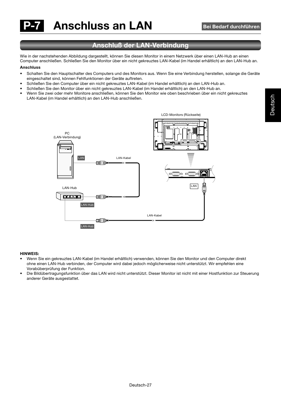 P-7 anschluss an lan, Anschluß der lan-verbindung, Deutsch | MITSUBISHI ELECTRIC MDT701S User Manual | Page 97 / 404