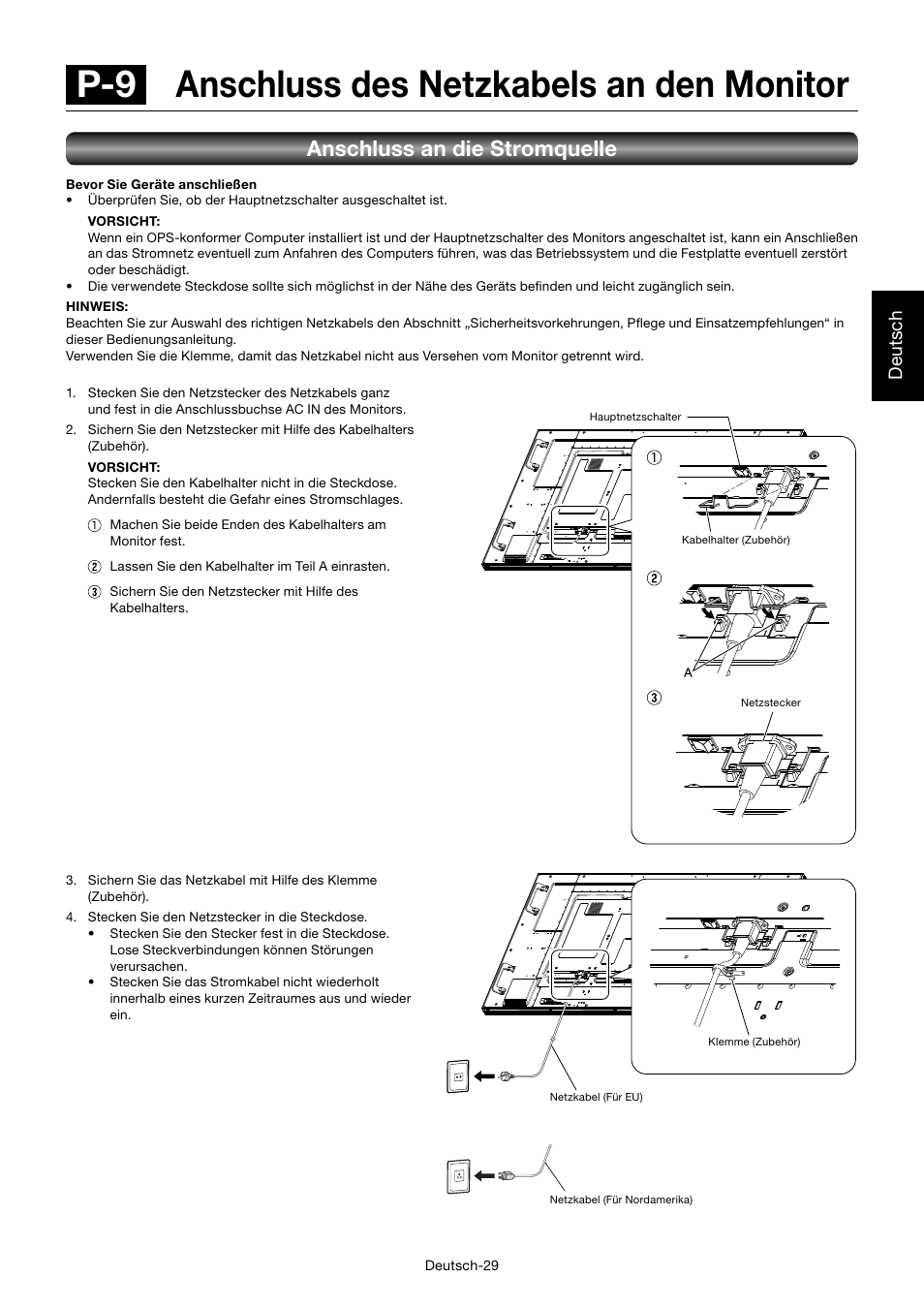 P-9 anschluss des netzkabels an den monitor, Anschluss an die stromquelle, Deutsch | MITSUBISHI ELECTRIC MDT701S User Manual | Page 99 / 404