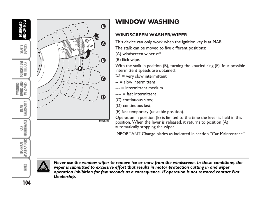 Window washing | FIAT Idea User Manual | Page 105 / 314