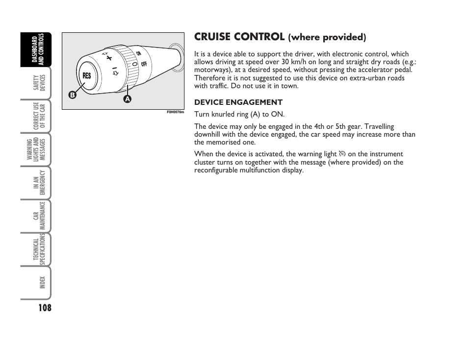 Cruise control | FIAT Idea User Manual | Page 109 / 314