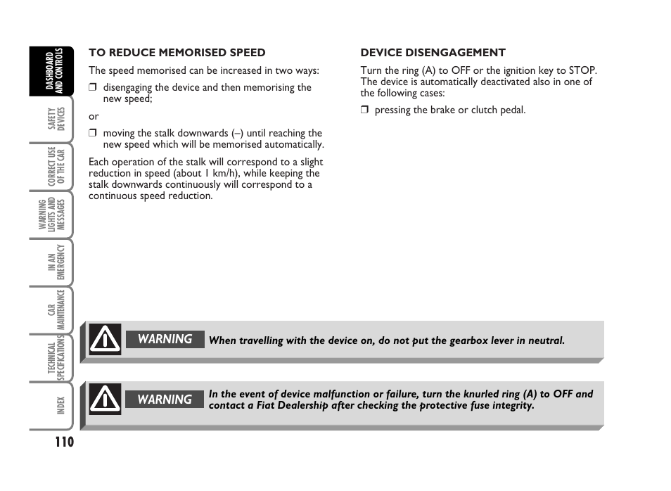 Warning | FIAT Idea User Manual | Page 111 / 314