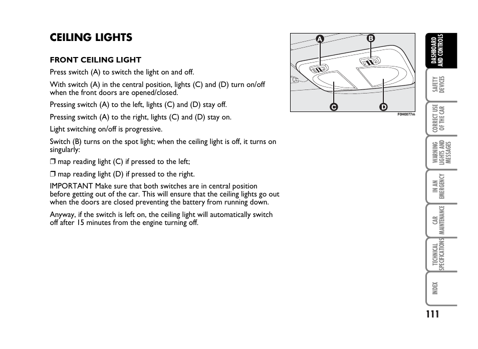 Ceiling lights | FIAT Idea User Manual | Page 112 / 314