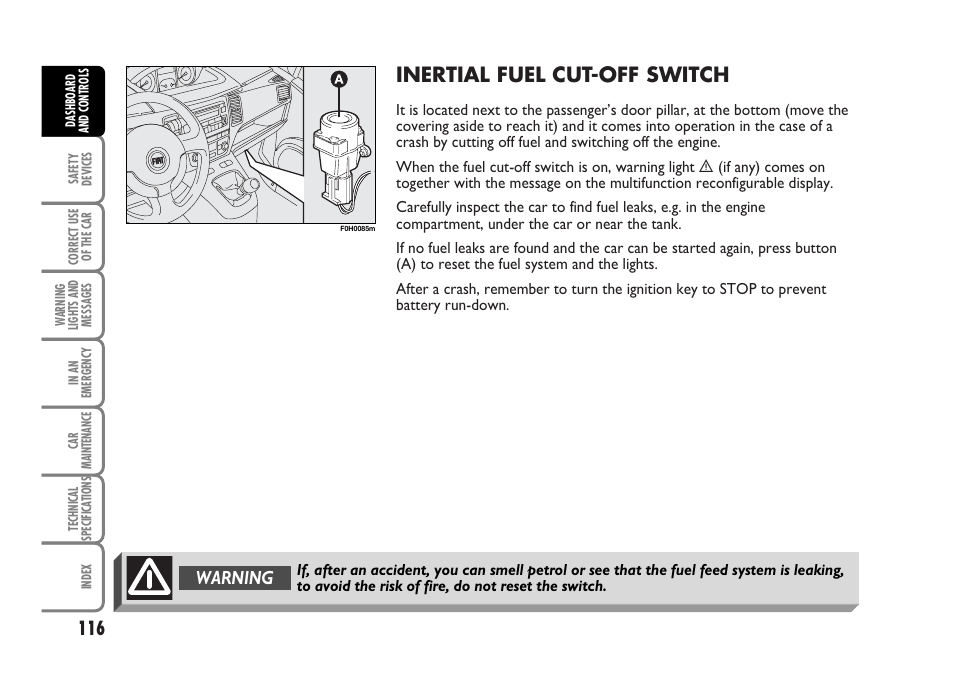 Inertial fuel cut-off switch, Warning | FIAT Idea User Manual | Page 117 / 314