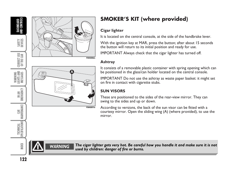 Smoker’s kit (where provided), Warning | FIAT Idea User Manual | Page 123 / 314