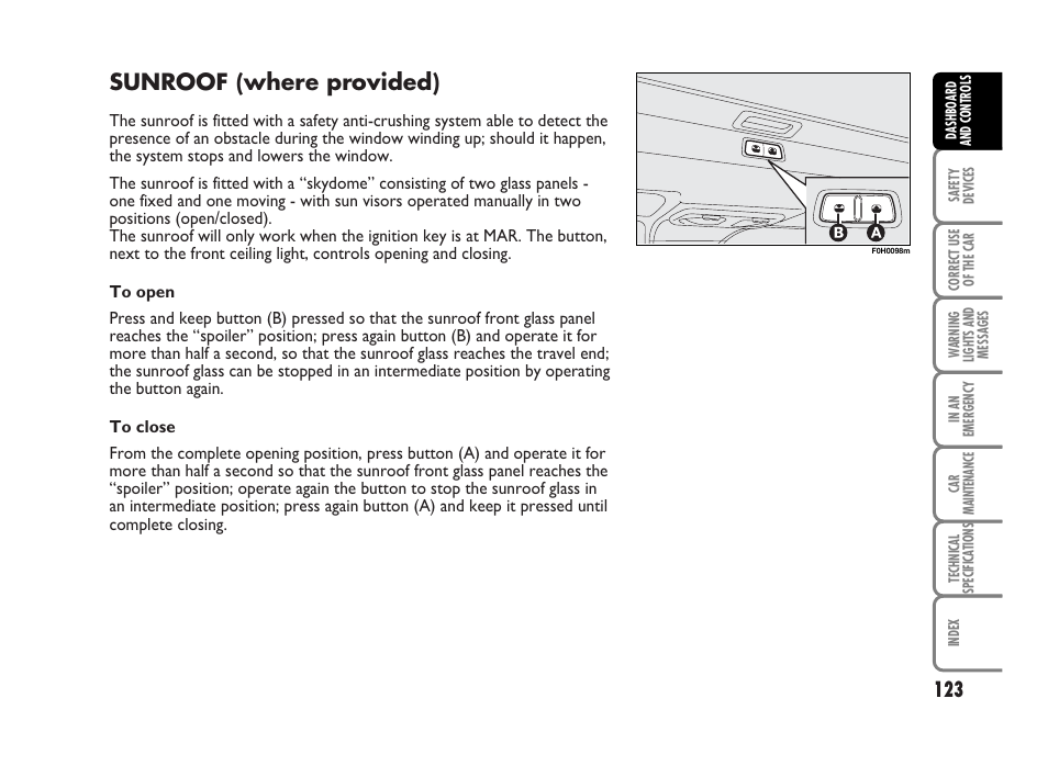 Sunroof (where provided) | FIAT Idea User Manual | Page 124 / 314