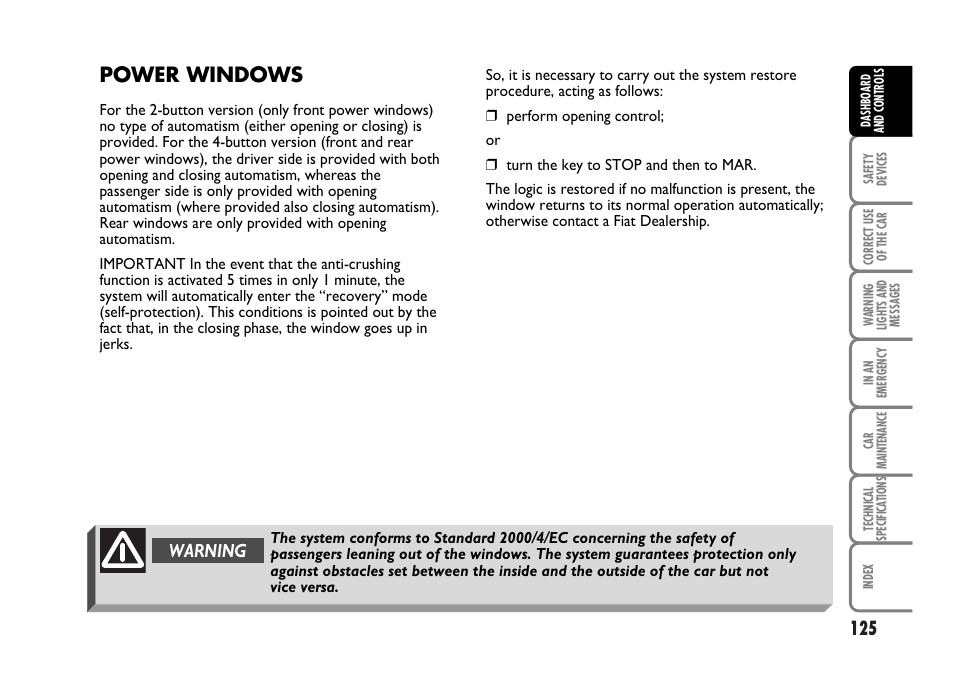 Power windows, Warning | FIAT Idea User Manual | Page 126 / 314