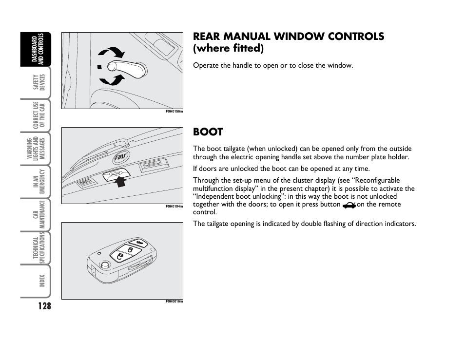 Boot, Rear manual window controls (where fitted) | FIAT Idea User Manual | Page 129 / 314