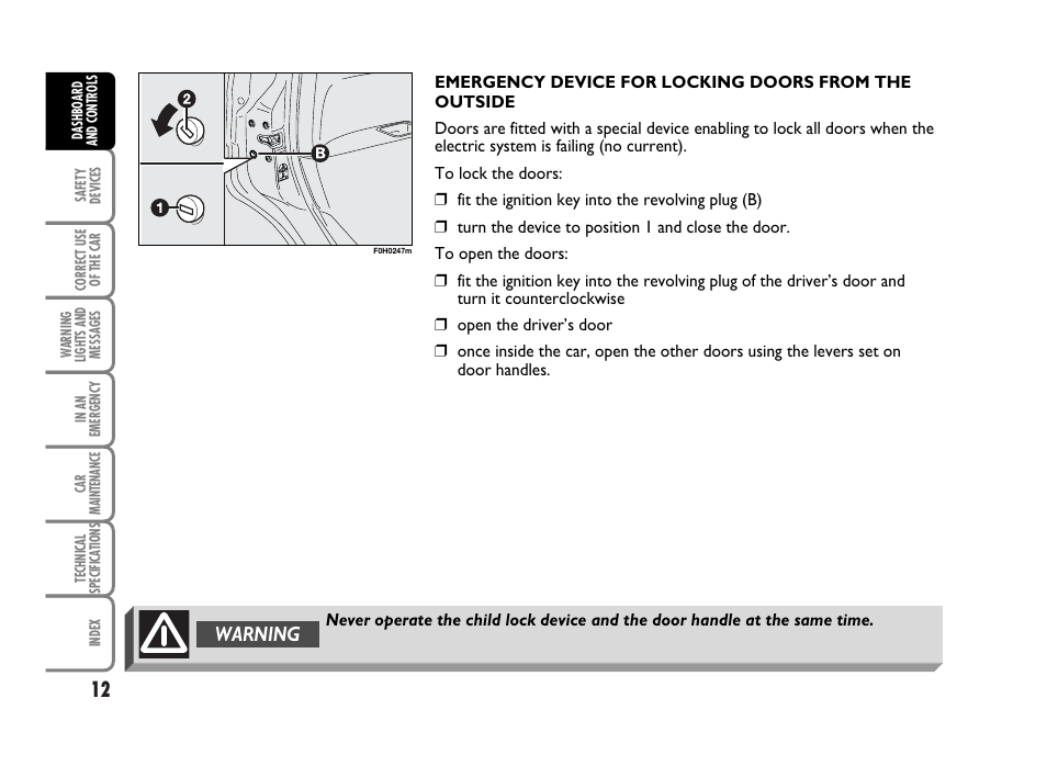 Warning | FIAT Idea User Manual | Page 13 / 314