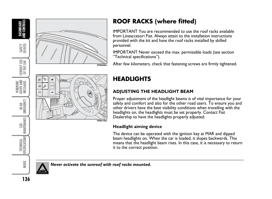 Roof racks (where fitted), Headlights | FIAT Idea User Manual | Page 137 / 314