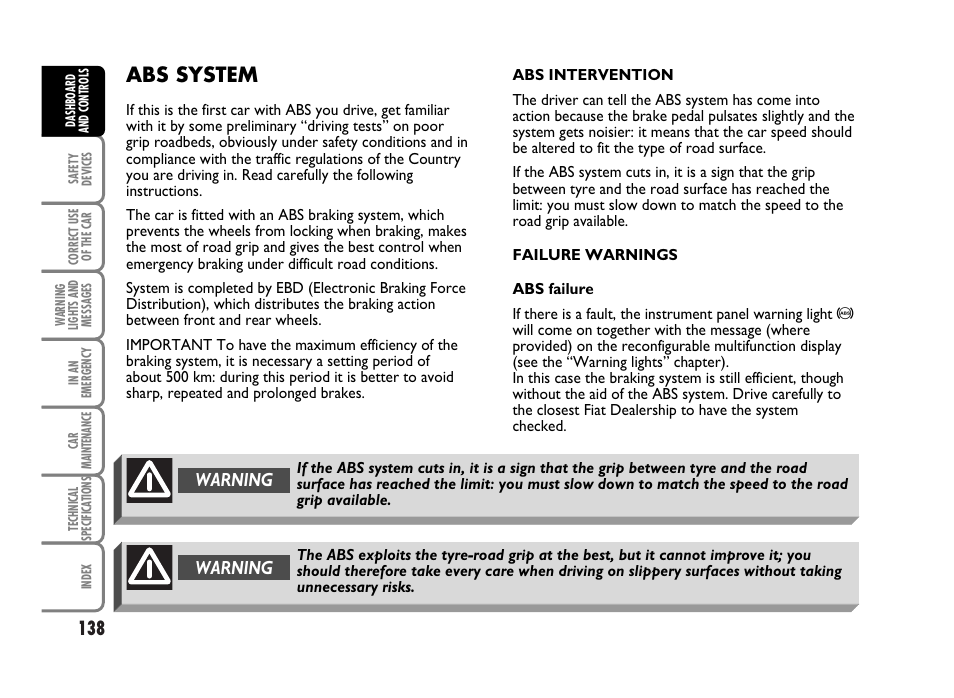 Abs system, Warning | FIAT Idea User Manual | Page 139 / 314