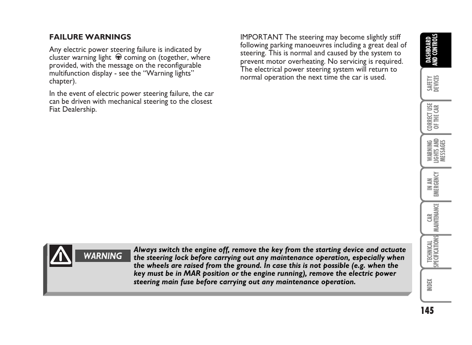 Warning | FIAT Idea User Manual | Page 146 / 314