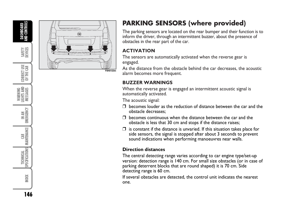 Parking sensors (where provided) | FIAT Idea User Manual | Page 147 / 314