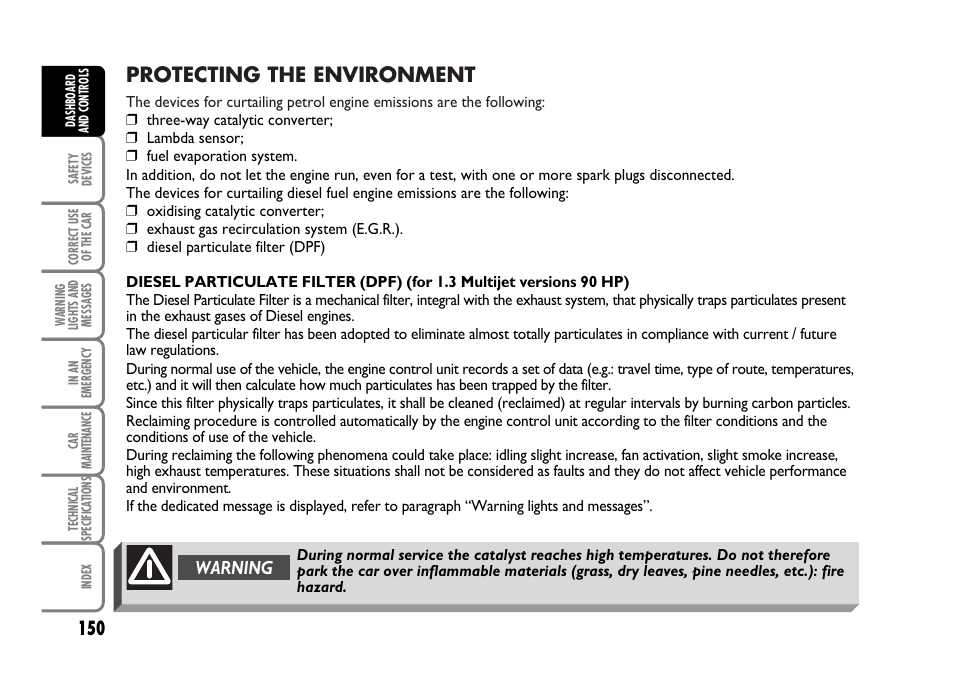 Protecting the environment, Warning | FIAT Idea User Manual | Page 151 / 314