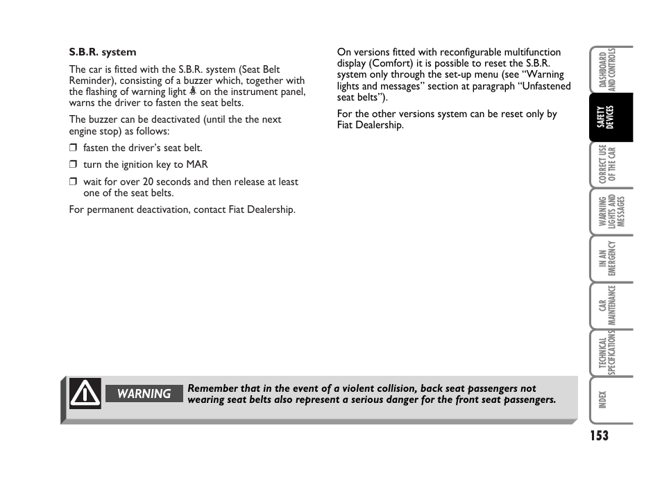 Warning | FIAT Idea User Manual | Page 154 / 314