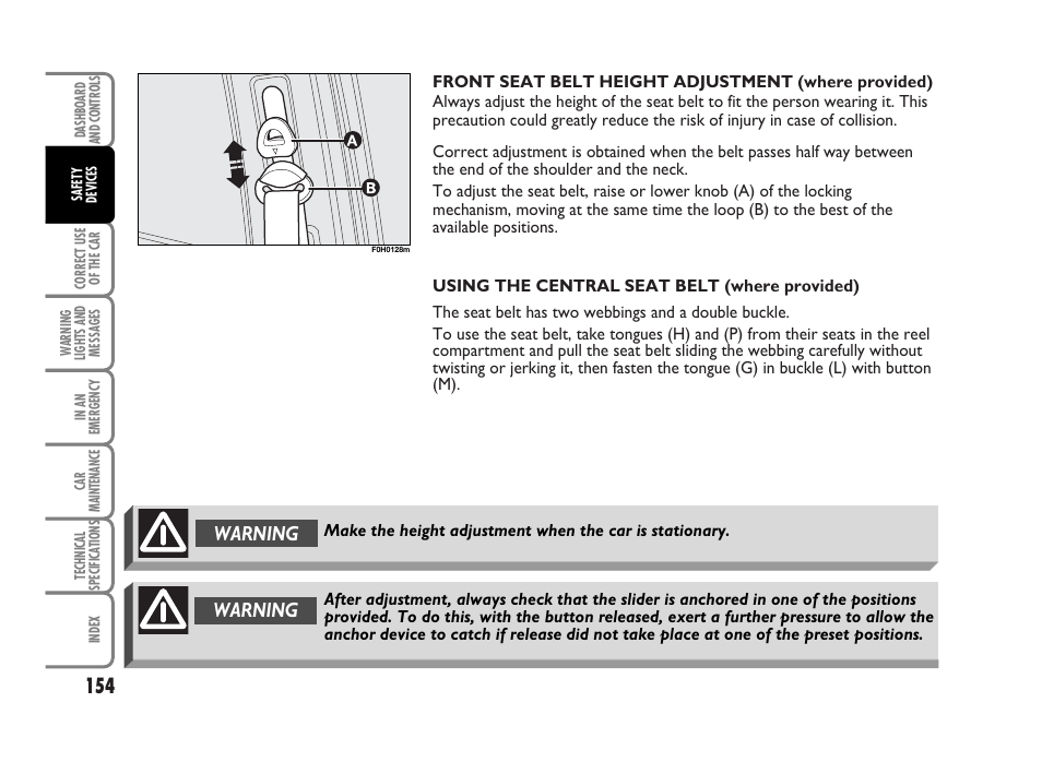 Warning | FIAT Idea User Manual | Page 155 / 314