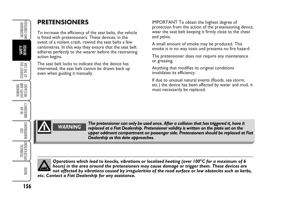 Pretensioners, Warning | FIAT Idea User Manual | Page 157 / 314