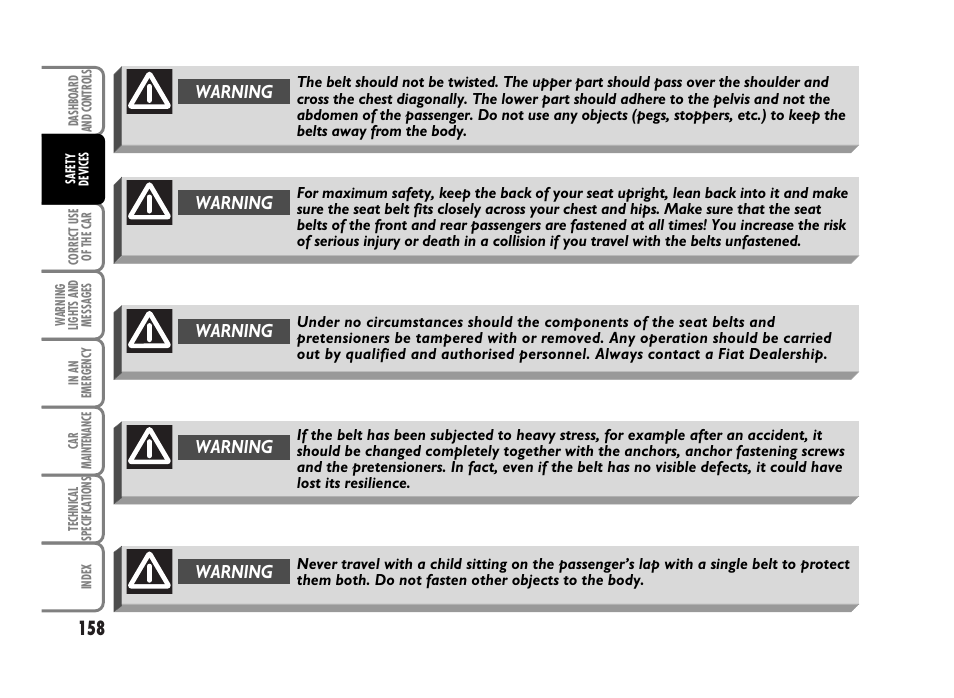 Warning | FIAT Idea User Manual | Page 159 / 314