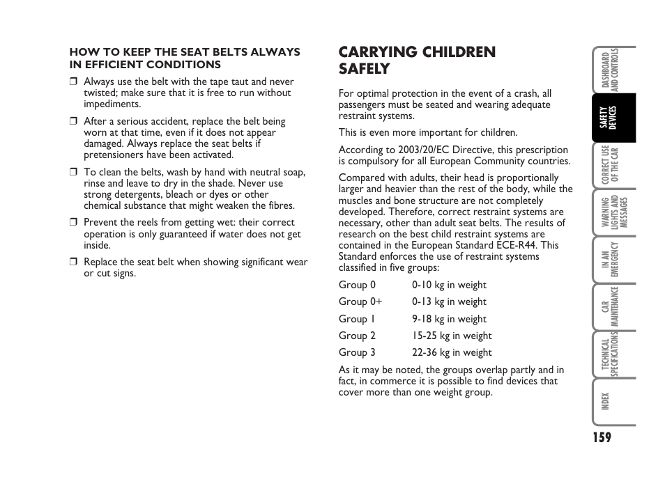 Carrying children safely | FIAT Idea User Manual | Page 160 / 314