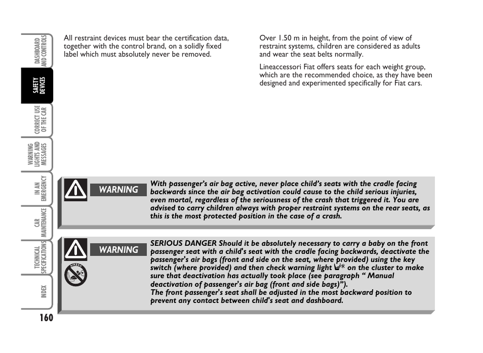 Warning | FIAT Idea User Manual | Page 161 / 314