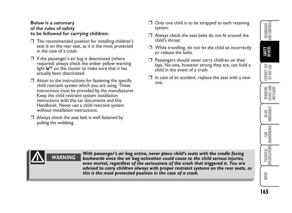 Warning | FIAT Idea User Manual | Page 166 / 314