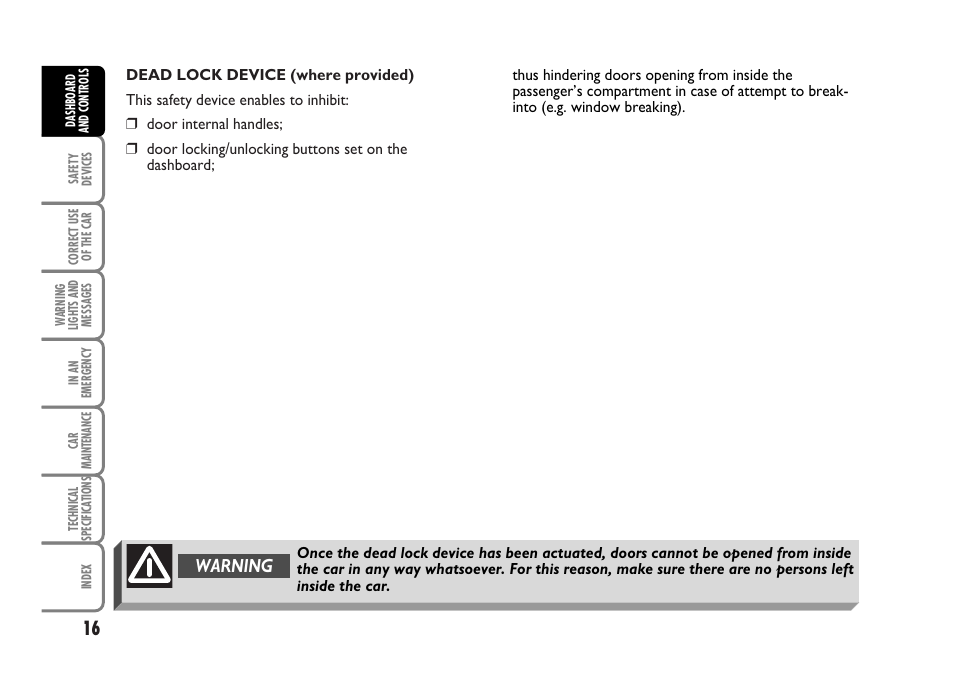 Warning | FIAT Idea User Manual | Page 17 / 314