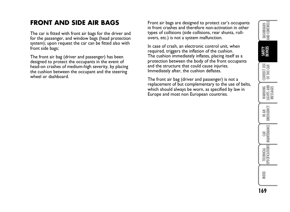 Front and side air bags | FIAT Idea User Manual | Page 170 / 314