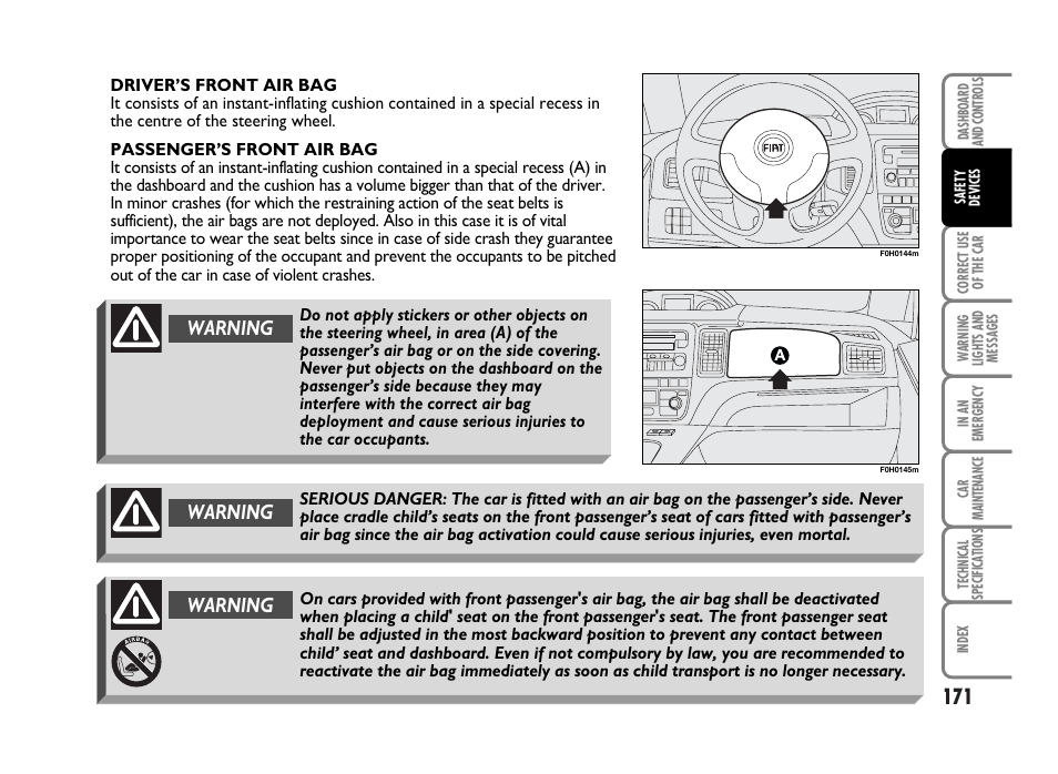 Warning | FIAT Idea User Manual | Page 172 / 314