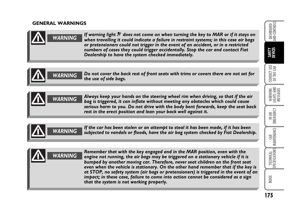 Warning | FIAT Idea User Manual | Page 176 / 314