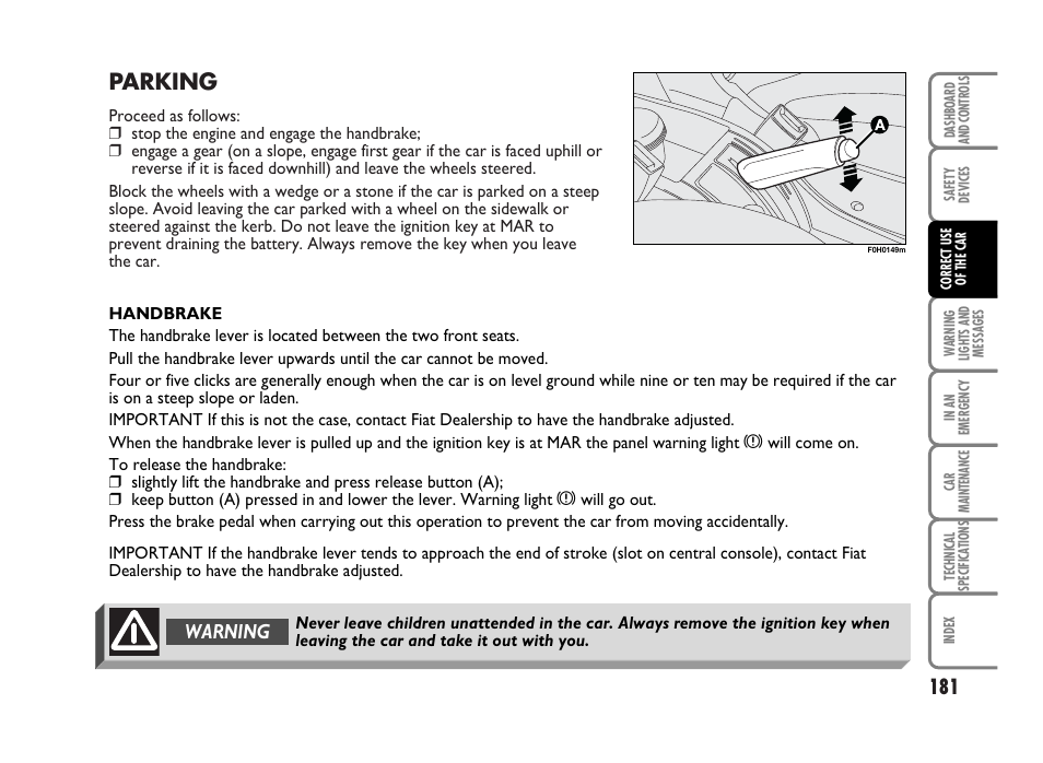 Parking, Warning | FIAT Idea User Manual | Page 182 / 314